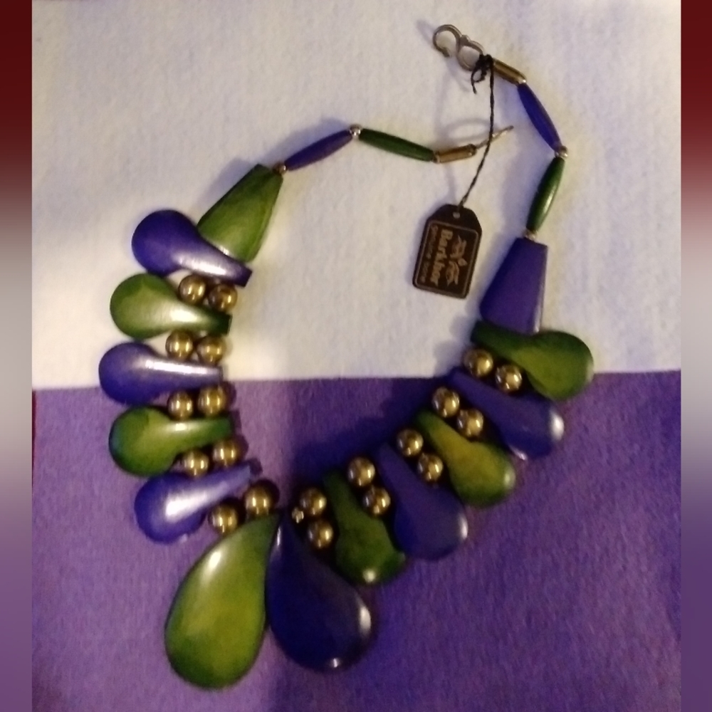 Barkhor Handmade 18" Necklace(purple and green /brass baubles)